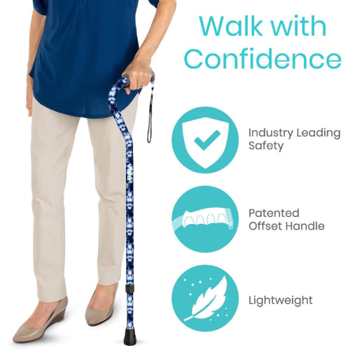 Vive Health Adjustable Lightweight Aluminum Offset Walking Cane with Ergonomic Grip, Blue Burst