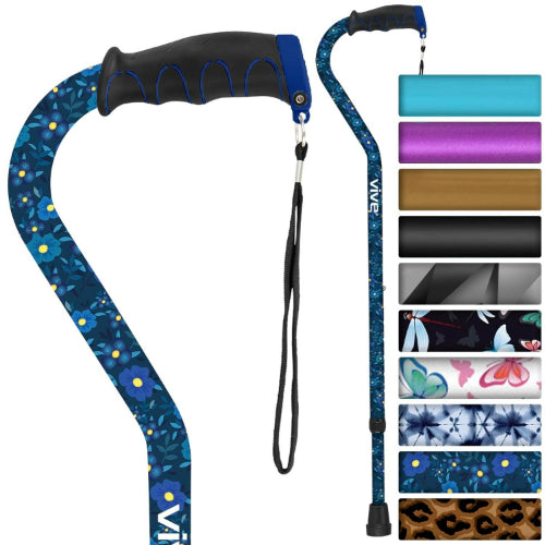Vive Health Adjustable Lightweight Aluminum Offset Walking Cane with Ergonomic Grip, Blue Floral