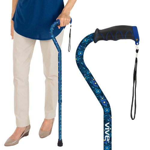 Vive Health Adjustable Offset Walking Cane, Blue Floral with Ergonomic Grip and Non-Slip Rubber Tip for Stability and Support. Moovkart
