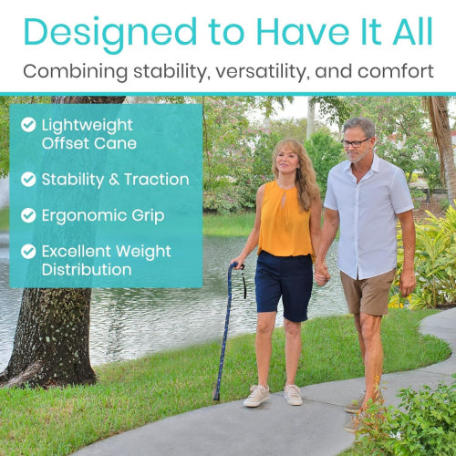 Vive Health Adjustable Lightweight Aluminum Offset Walking Cane with Ergonomic Grip, Blue Floral