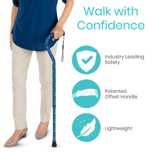 Vive Health Adjustable Lightweight Aluminum Offset Walking Cane with Ergonomic Grip, Blue Floral