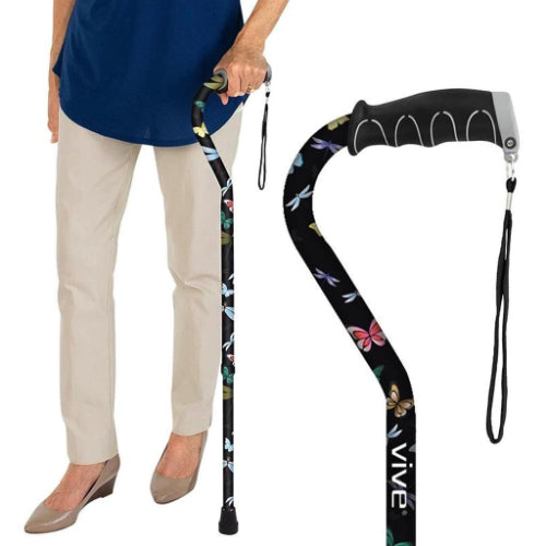 Vive Health Adjustable Offset Walking Cane, Black butterfly with Ergonomic Grip and Non-Slip Rubber Tip for Stability and Support. Moovkart