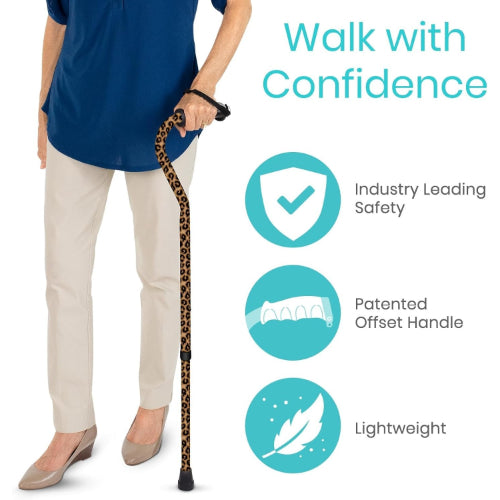 Vive Health Adjustable Lightweight Aluminum Offset Walking Cane with Ergonomic Grip, Leopard