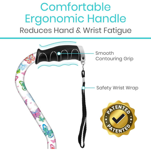 Vive Health Adjustable Lightweight Aluminum Offset Walking Cane with Ergonomic Grip, White Butterfly
