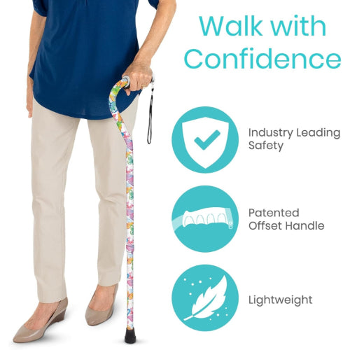 Vive Health Adjustable Lightweight Aluminum Offset Walking Cane with Ergonomic Grip, White Butterfly