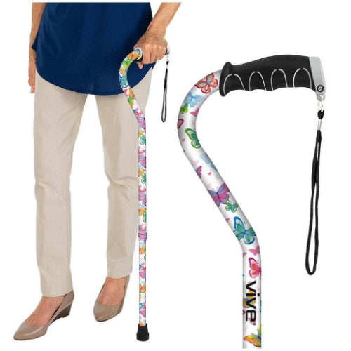 Vive Health Adjustable Offset Walking Cane, White Butterfly with Ergonomic Grip and Non-Slip Rubber Tip for Stability and Support. Moovkart