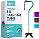 Vive Health Quad Cane, Blue Lightweight Walking Stick with Four Prong Base for Seniors