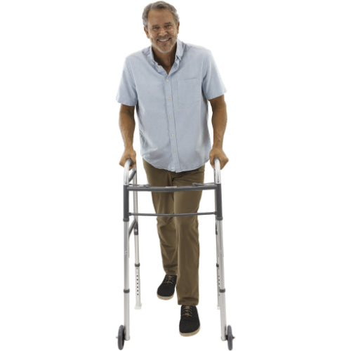 Vive Health Economy Walker with Wheels in use, showcasing durable aluminum frame and adjustable height, Moovkart