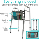 Vive Health Folding Walker, Two Button Design with Adjustable Height, Hand Grips and Storage Bag, Gray