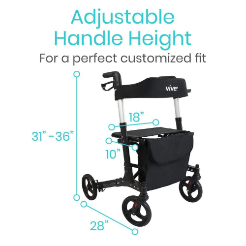 Vive Health Rollator Walker Foldable With Storage Bag, Black
