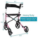 Vive Health Sunstride Rollator, Foldable Mobility Walker with Storage Bag and Lightweight, Pink
