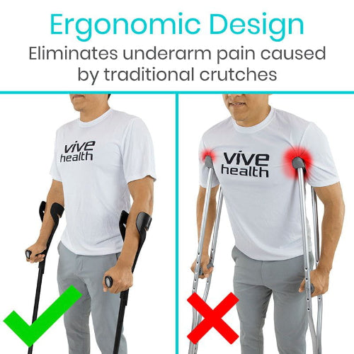 Vive Health forearm crutches with adjustable height feature and non-marking rubber base tips, Moovkart.