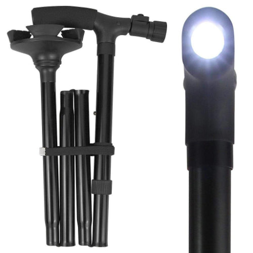 Vive Health LED Folding Cane, Height Adjustable(33 - 38 Inches), Quad Base, Black