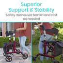 Vive Health Hybrid Rollator Wheelchair, Folding Aluminum Frame with 8 Inch Wheels, Footrests, Red