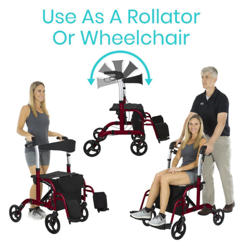Vive Health Wheelchair Rollator Hybrid, Aluminum, Red, 300Lbs