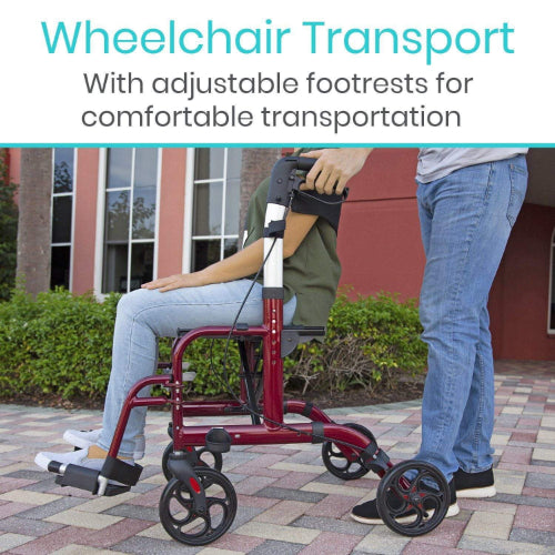 Vive Health Wheelchair Rollator Hybrid, Aluminum, Red, 300Lbs