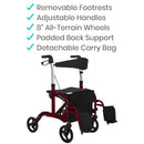 Vive Health Hybrid Rollator Wheelchair, Folding Aluminum Frame with 8 Inch Wheels, Footrests, Red