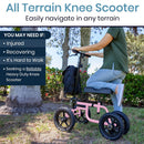 Foldable knee walker with foam-contoured pad and storage bag. Moovkart