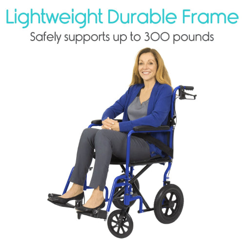 Vive Health Transport Wheelchair, Aluminum, Folds Flat, Blue 300Lb