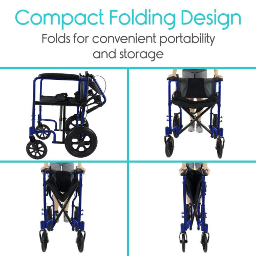Vive Health Transport Wheelchair, Aluminum, Folds Flat, Blue 300Lb