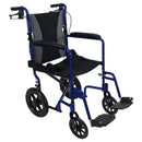 Vive Health Aluminum Transport Wheelchair, Folds Flat with 300 lbs Capacity, Blue, 19 Inch Seat