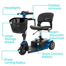 Vive Health 3 Wheel Mobility Scooter, 12.4 Mile Range with Flat-Free Tires and 265 lbs Capacity, Blue