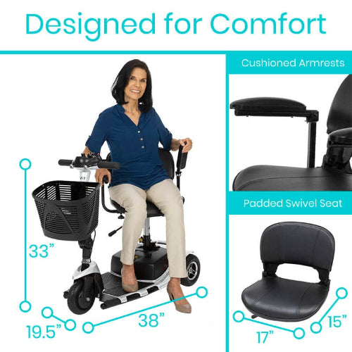 Vive Health 3 Wheel Mobility Scooter, 12.4 Mile Range, Flat-Free Tires and 265 lbs Capacity, Silver