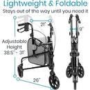 Vive Health 3 Wheel Rollator Walker, Black with lightweight aluminum frame and storage bag. Moovkart