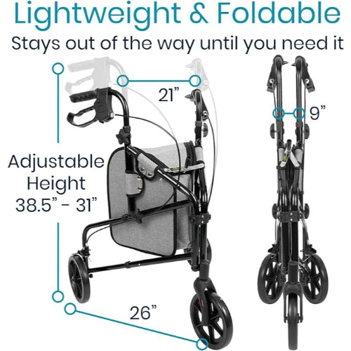 Vive Health 3 Wheel Rollator Walker, Black
