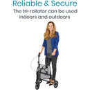 Vive Health Tri-Wheel Walker with ergonomic handles, foldable frame, and three 8-inch wheels. Moovkart