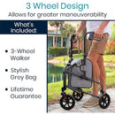 Black 3 Wheel Rollator from Vive Health—compact mobility walker with dual brakes and adjustable handlebars. Moovkart