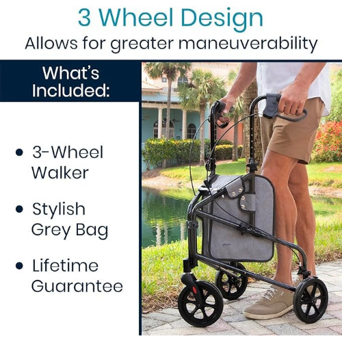 Vive Health 3 Wheel Rollator Walker, Black
