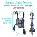 Vive Health Lightweight Three Wheel Foldable Rollator with Adjustable Handles and Bag, Purple