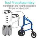 Vive Health Lightweight Three Wheel Foldable Rollator with Adjustable Handles and Bag, Purple
