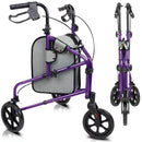 Vive Health Lightweight Three Wheel Foldable Rollator with Adjustable Handles and Bag, Purple
