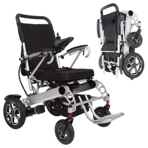 Vive Health Power Wheelchair – a foldable power wheelchair with a black aluminum frame, joystick controller, and a padded seat.