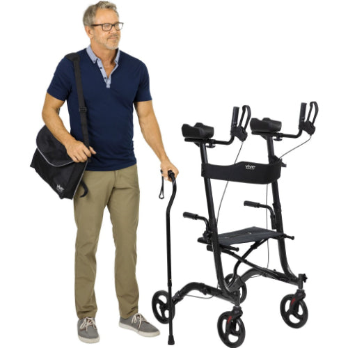 Vive Health Upright Rollator Walker, Foldable Mobility Aid with Padded Transport Seat, Black