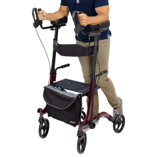 Vive Health Upright Rollator Walker, Foldable Transport Seat with 8 Inch Wheels, Red
