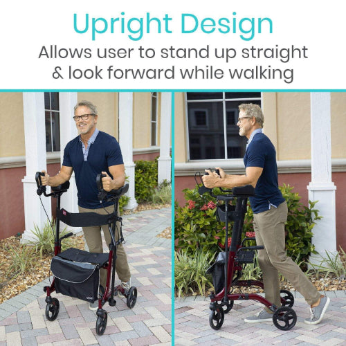 Vive Health Upright Rollator Walker, Foldable Transport Seat with 8 Inch Wheels, Red