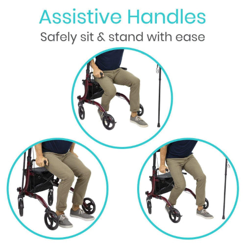 Vive Health Upright Rollator Walker, Foldable Transport Seat with 8 Inch Wheels, Red