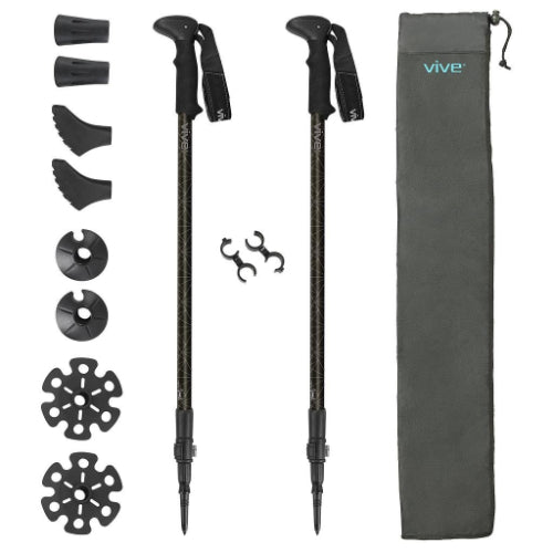 Vive Health Trekking Poles, 27.75-57.5 Inches Aluminum, 8 Tips Set,1 Pair, Black