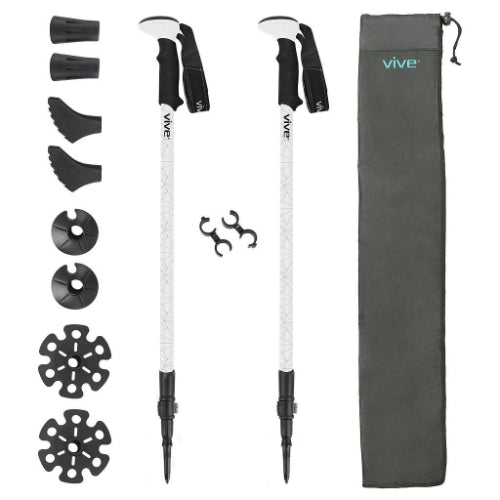 Vive Health Trekking Poles, 27.75"-57.5", Aluminum, 8 Tips Set, One Pair, White
