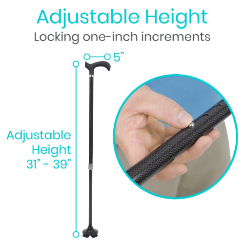 Vive Health Carbon Fiber Standing Cane with Quad Tip, Derby Grip, Black