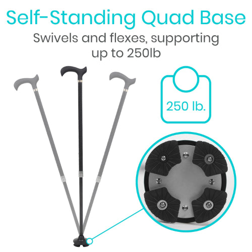 Vive Health Carbon Fiber Standing Cane with Quad Tip, Derby Grip, Black
