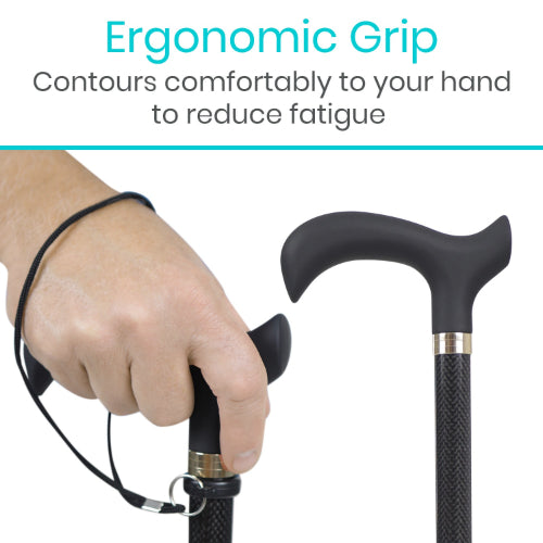 Vive Health Carbon Fiber Standing Cane with Quad Tip, Derby Grip, Black