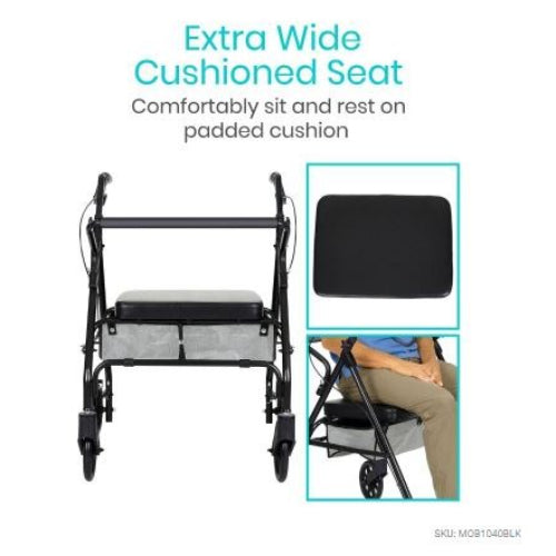 Vive Health Bariatric Rollator, Adjustable Steel Frame, Black