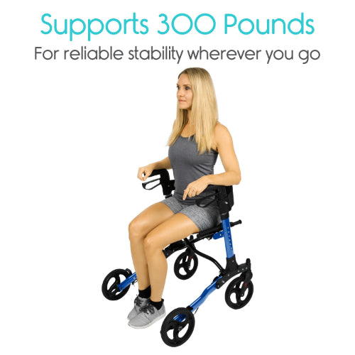 Vive Health Tall Foldable Rollator, ergonomic design with dual brakes for tall users and a storage bag. Moovkart