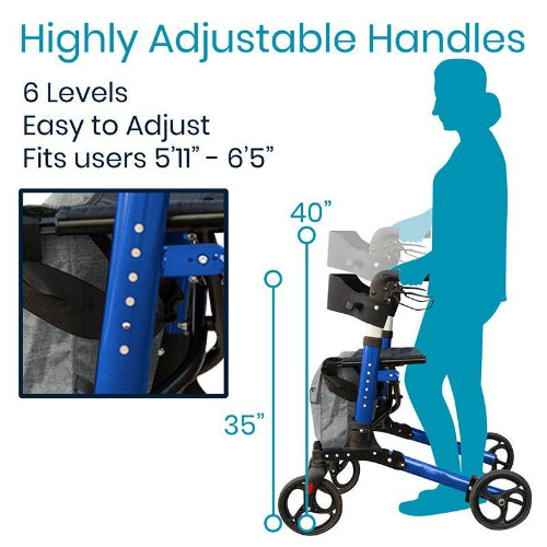 Vive Health Tall Foldable Rollator, 35-40 Inches, Blue