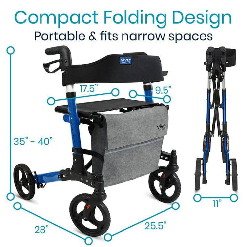 Vive Health Tall Foldable Rollator, Blue Walker with ergonomic handles, padded seat, and removable bag. Moovkart
