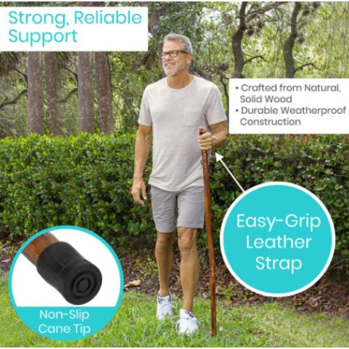 Vive Health Wooden Walking Stick with Nonslip Tip and Leather Wrist Strap, 2 Pack